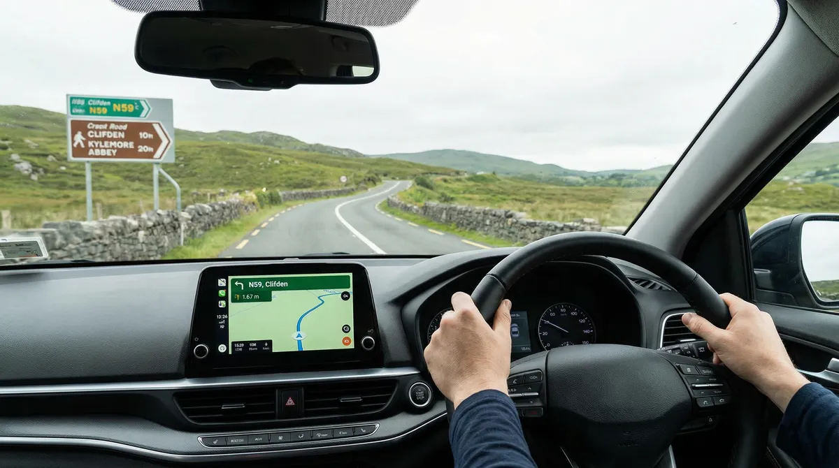 Interior view of a modern rental car with GPS, showing a driver navigating an Irish road