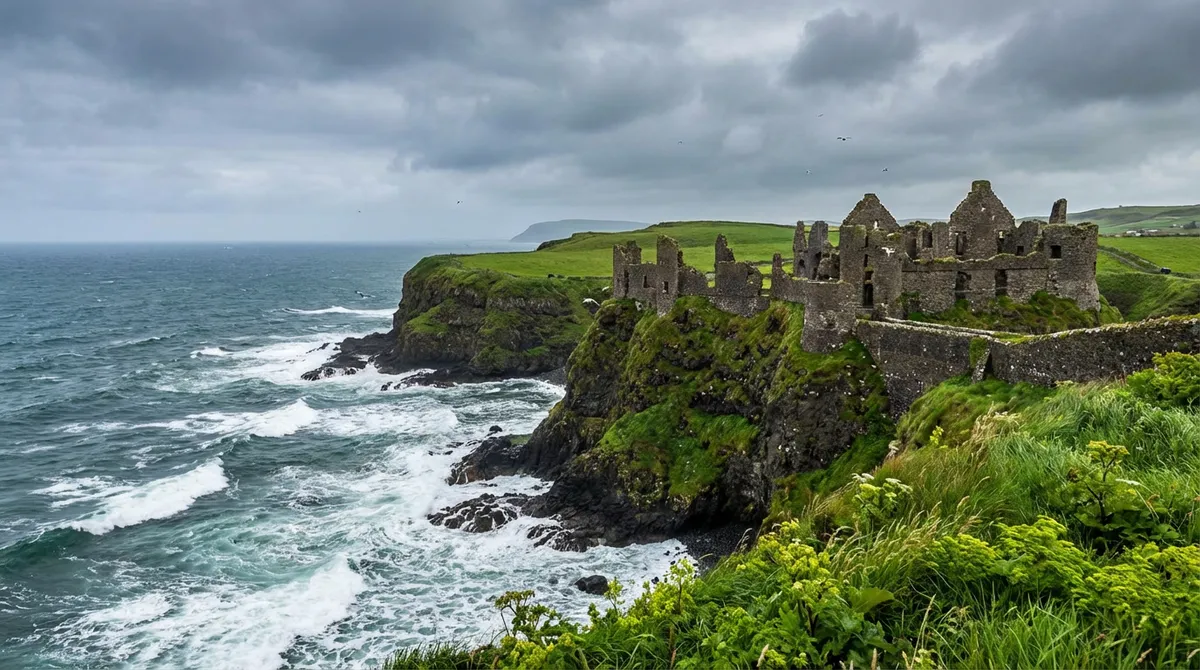 Dunluce Castle ruins on a dramatic cliff overlooking the Atlantic Ocean on the Causeway Coastal Route.