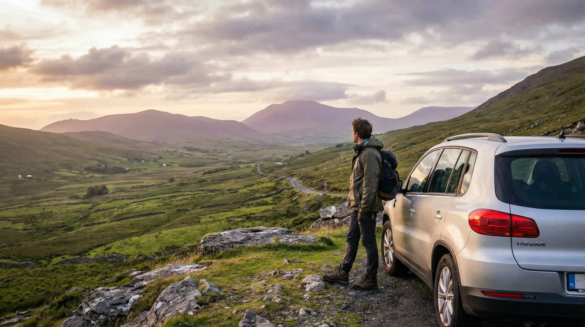 Traveler admiring a scenic Irish landscape from a parked rental car.