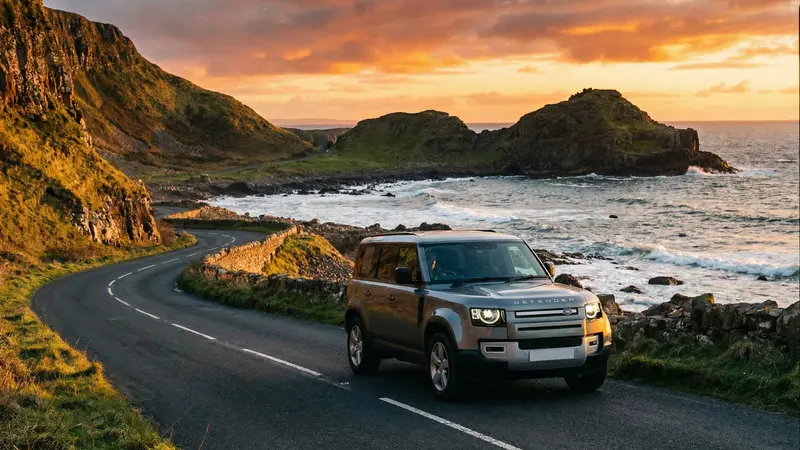 Modern rental car on the Causeway Coastal Route with Giant's Causeway at sunset