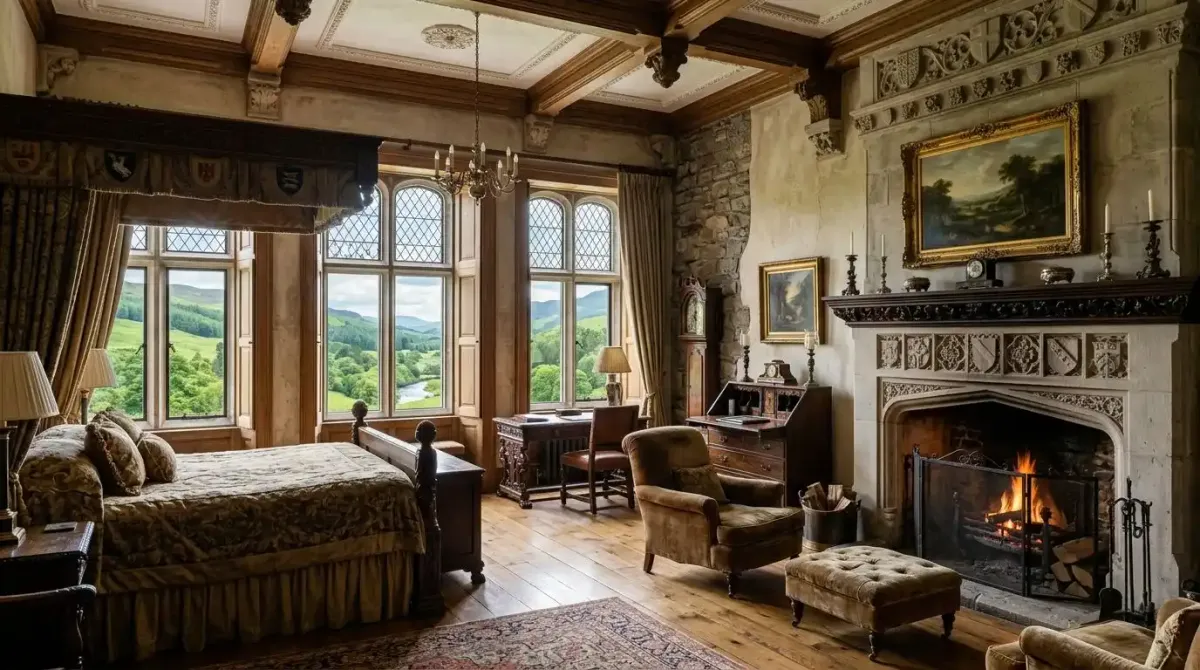 A signature luxury castle stateroom suite featuring authentic period antiques and an original fireplace.