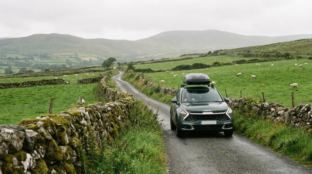 Modern SUV driving on a narrow, winding country road in rural Ireland