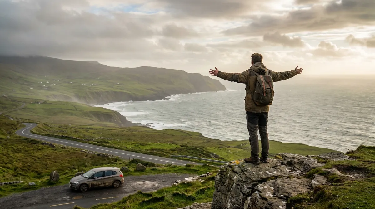 Person standing on a scenic Irish overlook, symbolizing freedom and accomplishment of a self-drive trip