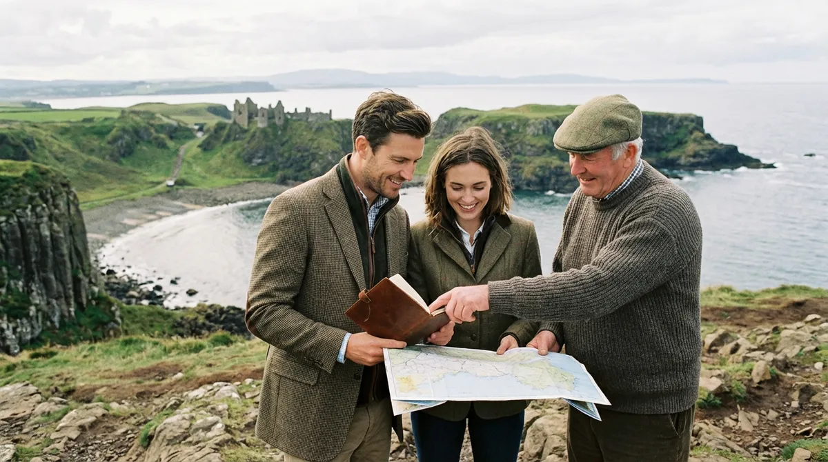 Couple consulting a local expert with a map overlooking the scenic Causeway Coast