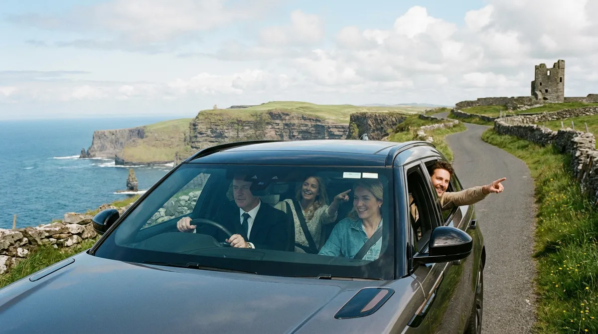 Chauffeur-driven modern commercial car on a scenic Irish coastal road.