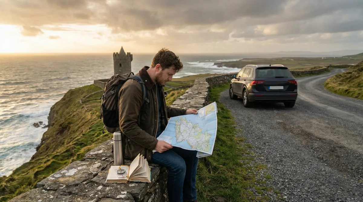 Traveler consulting a map in a stunning Wild Atlantic Way landscape, with a modern rental car in the background, symbolizing expert planning.