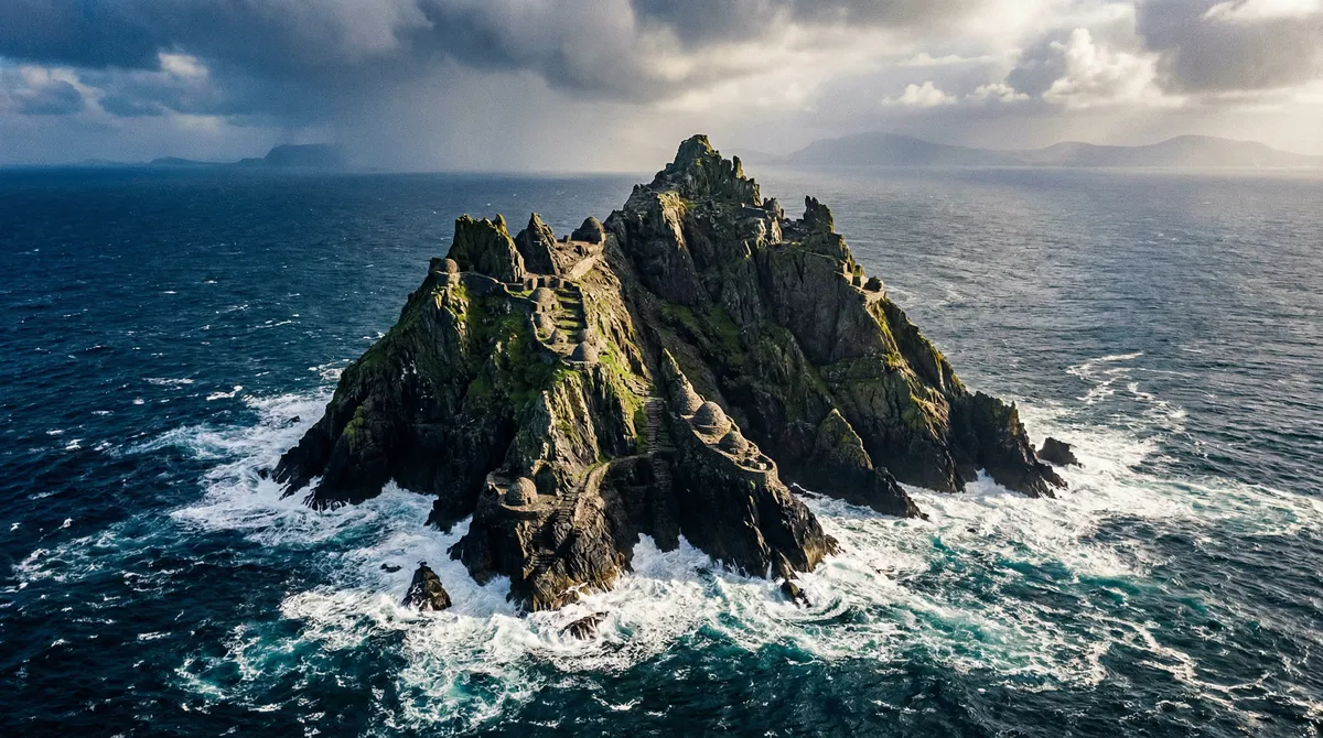 Dramatic view of Skellig Michael with ancient beehive huts on its steep slopes, surrounded by the Atlantic Ocean.