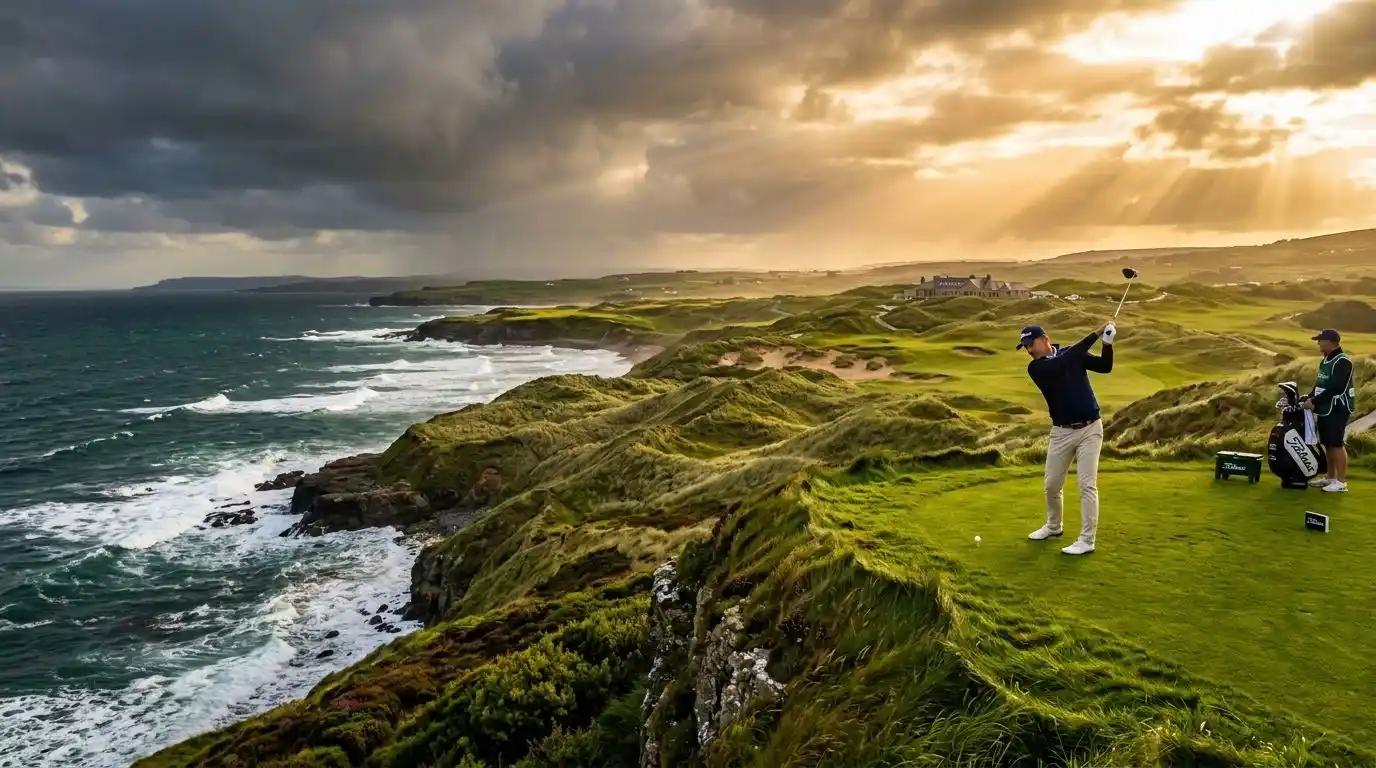 An executive traveler hitting a perfect tee shot on an iconic Irish links golf course overlooking the ocean during a luxury tour.