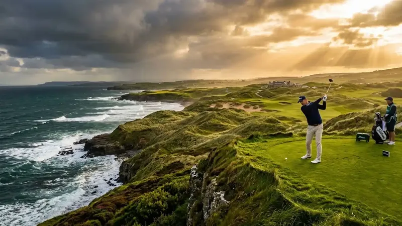 An executive traveler hitting a perfect tee shot on an iconic Irish links golf course overlooking the ocean during a luxury tour.