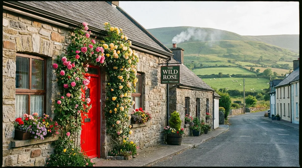 A charming, traditional Irish Bed & Breakfast with a colorful door and flowering plants.