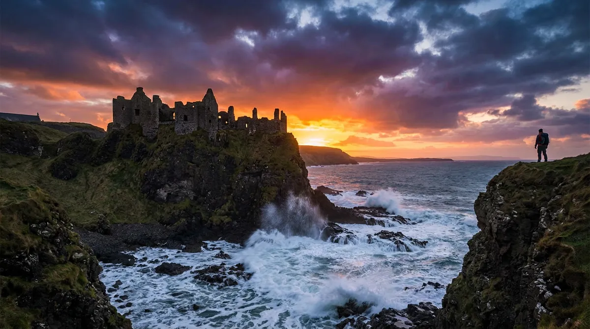 Dunluce Castle ruins on a cliff overlooking the Atlantic Ocean at sunset, Causeway Coast.