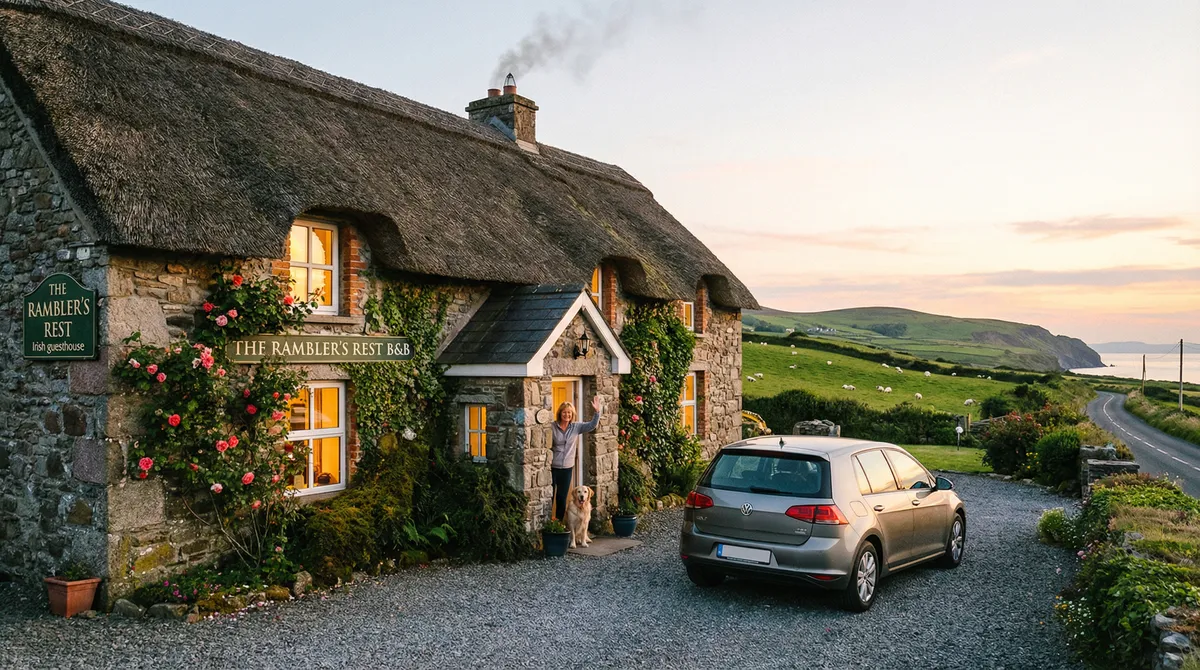 Charming Irish B&B with a modern rental car parked, showcasing authentic accommodation