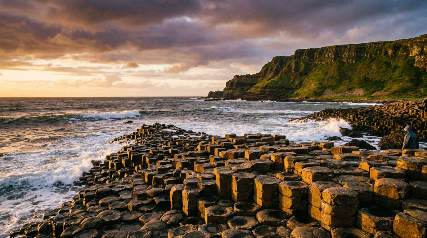 Dramatic view of the Giant's Causeway basalt columns at sunset