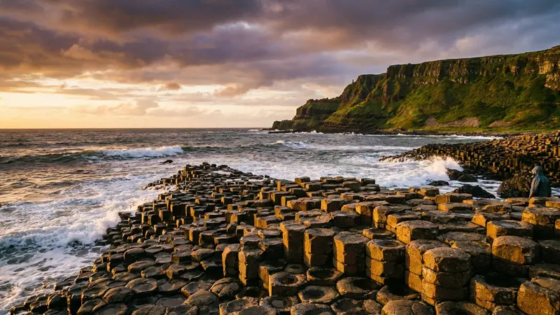 Dramatic view of the Giant's Causeway basalt columns at sunset