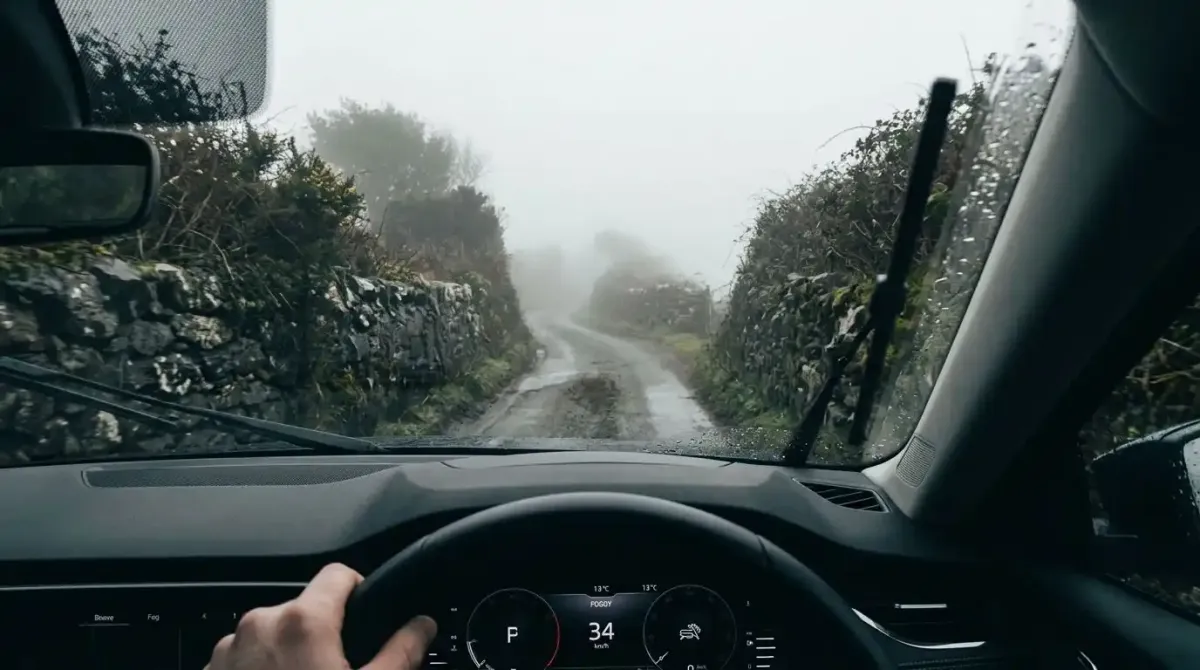 A narrow, winding rural country lane in Ireland showing the difficult driving conditions for independent tourists.