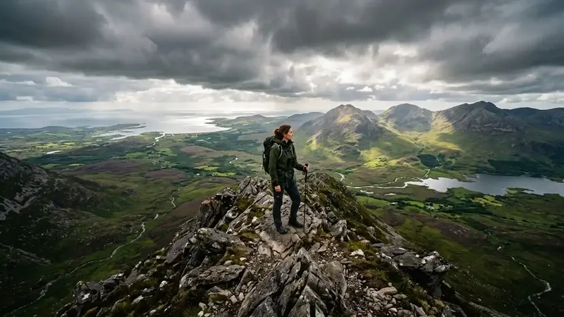 A premium hiker surveying the dramatic mountain ridges of Connemara on a luxury hiking tour in Ireland.