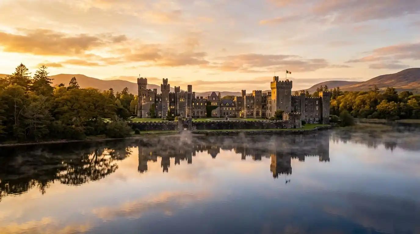 The historic Ashford Castle at sunset reflecting in Lough Corrib, the ultimate luxury castle hotel for couples.