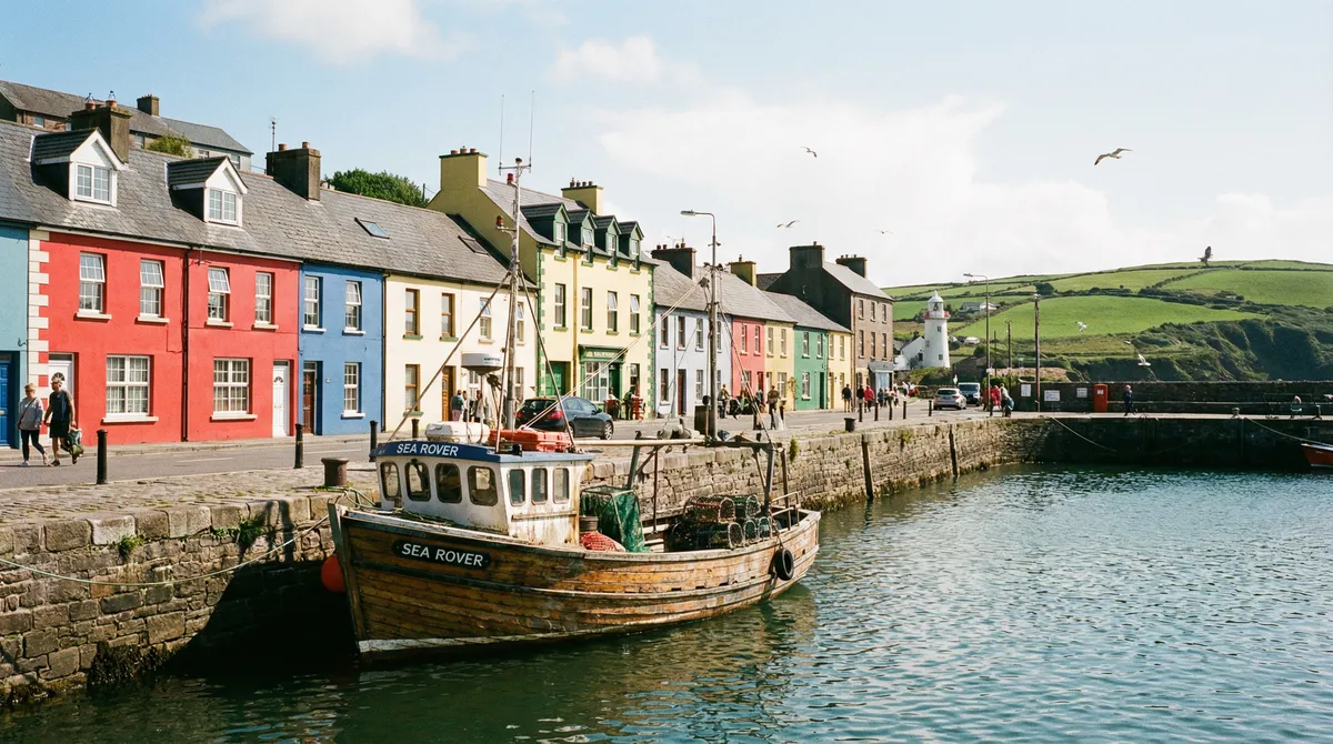 Vibrant, colorful traditional houses in a charming Irish coastal town harbor, with a small fishing boat.