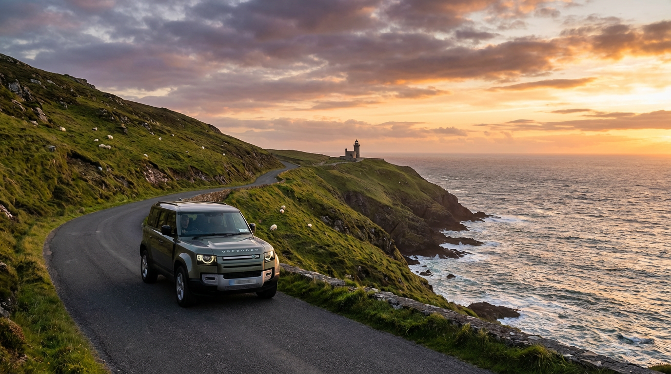 Modern SUV driving along a scenic coastal road in Ireland with dramatic green cliffs and ocean