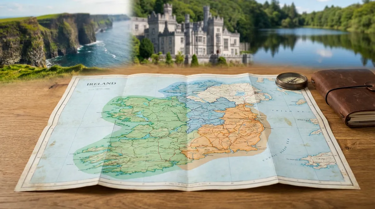 Map of Ireland with three key regions highlighted for a 10-day itinerary, showing iconic landmarks