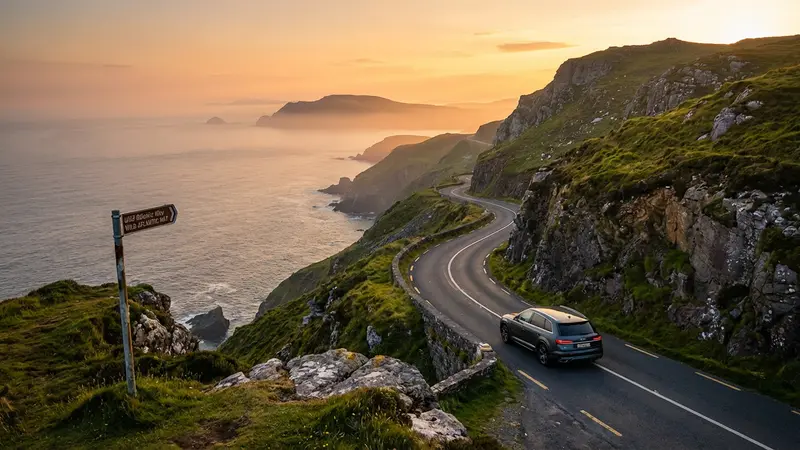 Winding coastal road along Ireland's Wild Atlantic Way at golden hour, a modern commercial car driving towards dramatic cliffs and ocean.