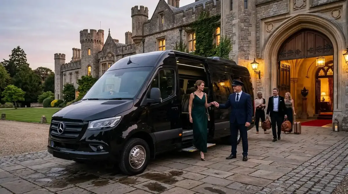 A private chauffeur-driven luxury Mercedes mini-coach for family castle tours in Ireland.
