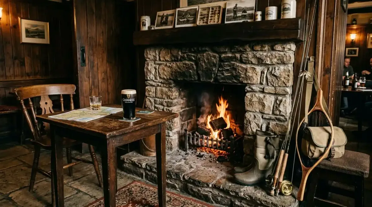The warm and inviting interior of the pub at Ballynahinch Castle in Connemara.