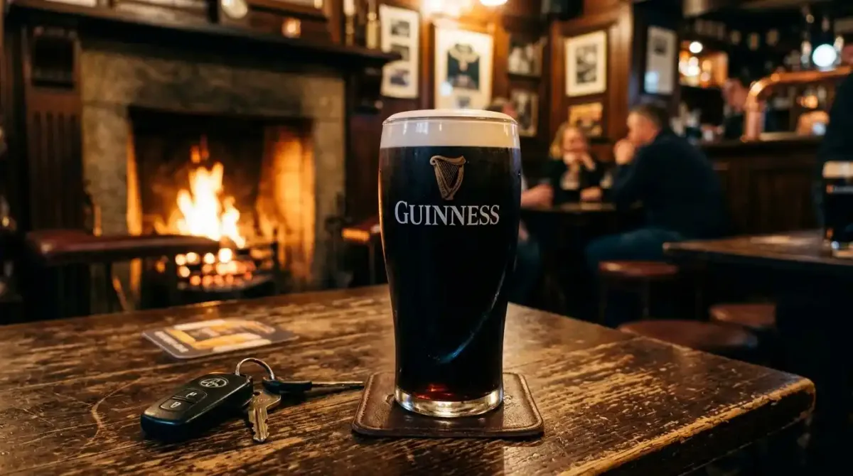 A pint of Guinness in a traditional Irish pub emphasizing local drink-driving limits.