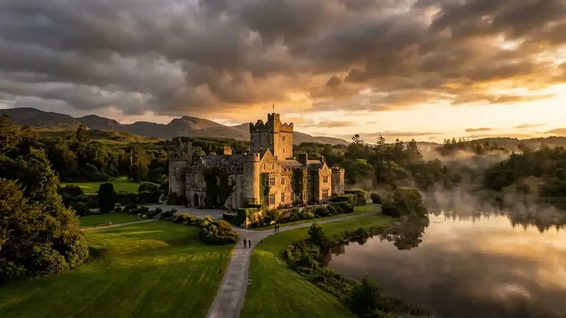 A historic luxury castle hotel estate in Ireland illuminated at twilight during a curated vacation package.