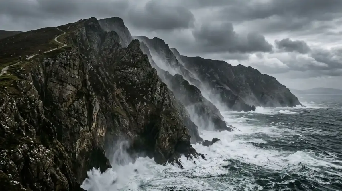 The rugged Slieve League cliffs on the Donegal coast near Lough Eske Castle.