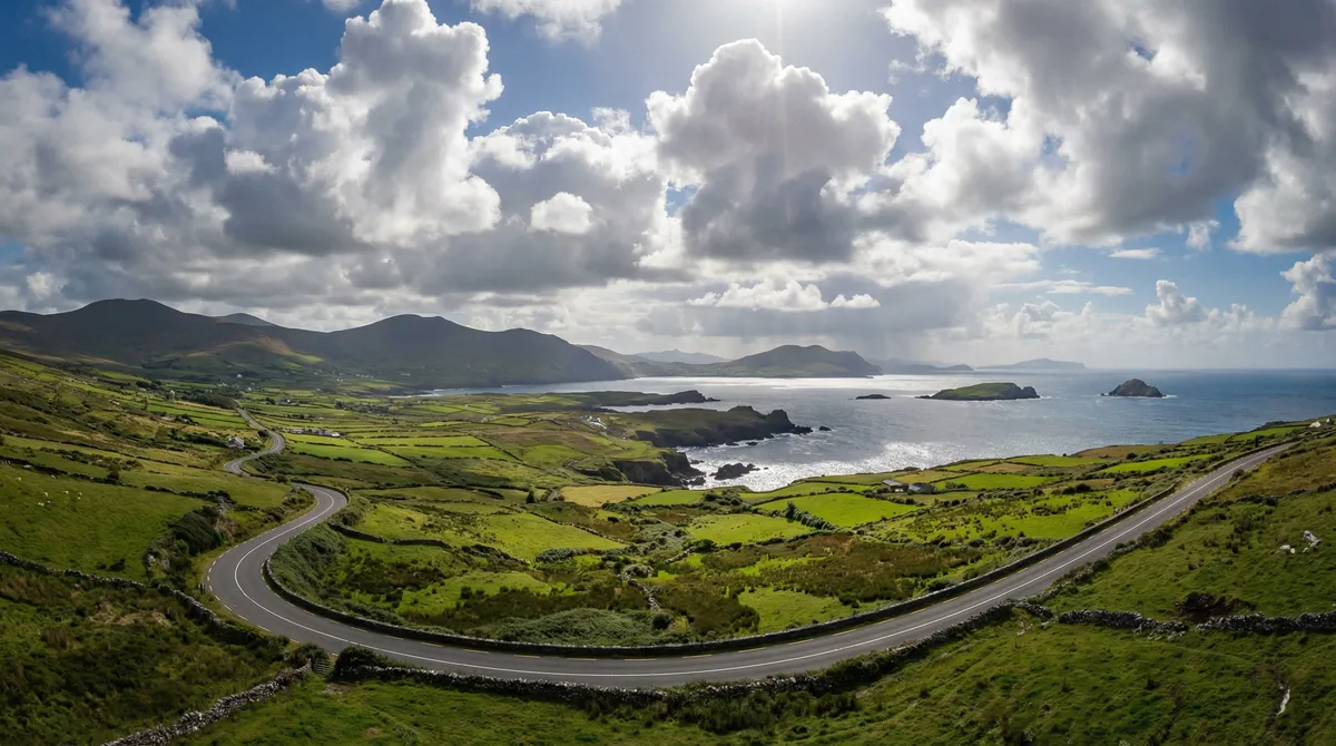 Panoramic view of a scenic Irish landscape with clear roads