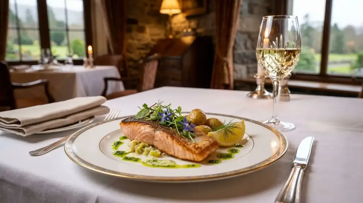 A beautifully presented estate-to-table seafood dish served during an elegant multi-course dinner on a luxury walking vacation.