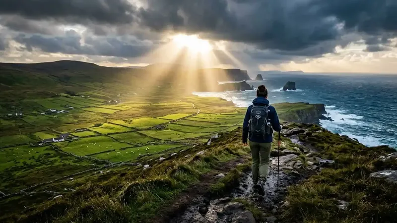 A premium traveler surveying the dramatic coastal mountain ridges on a custom luxury walking tour in Ireland.