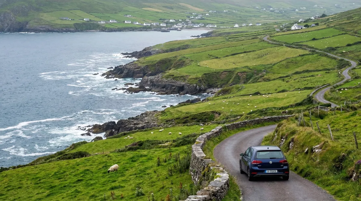 Scenic view of the Dingle Peninsula with green hills, dramatic coastline, and a modern rental car on the road.