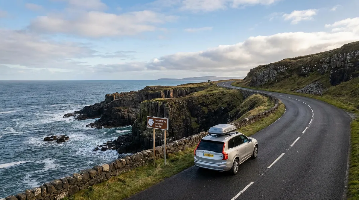 Modern commercial car driving along the scenic Causeway Coast road with cliffs and ocean views