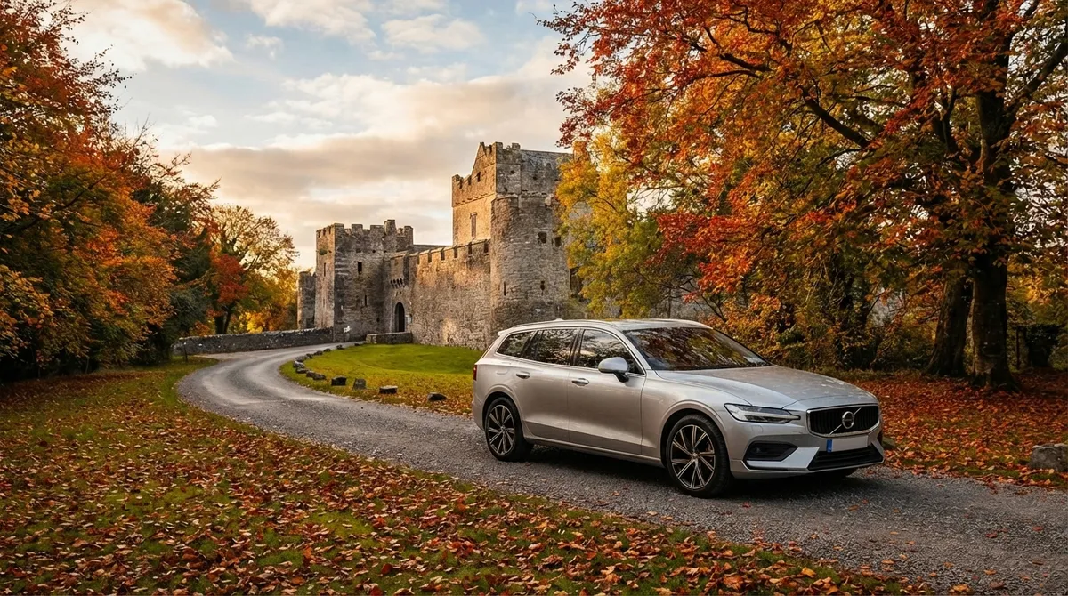 Modern car parked near an ancient Irish castle in autumn foliage