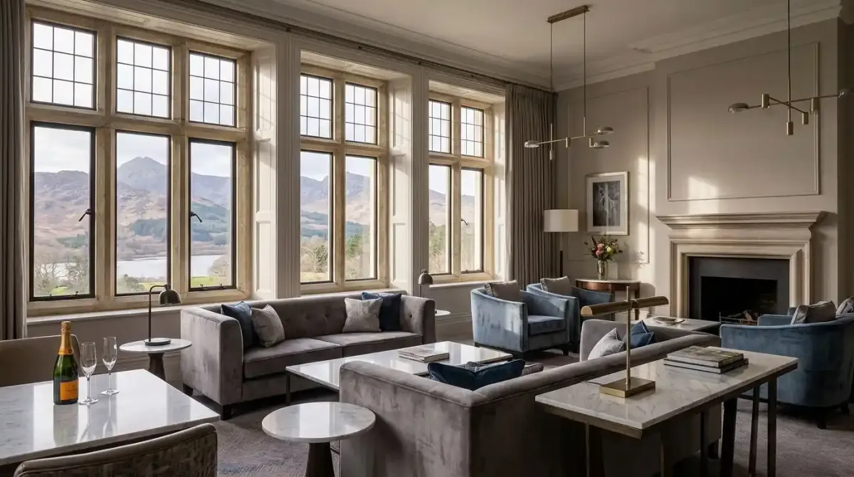 The view of the Donegal mountains from the Presidential Suite at Lough Eske Castle.