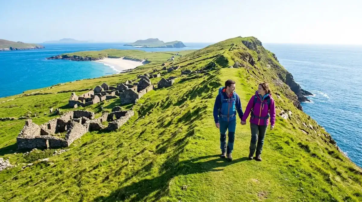 Luxury walkers exploring the historic paths and abandoned settlements of the Great Blasket Island with a private guide.