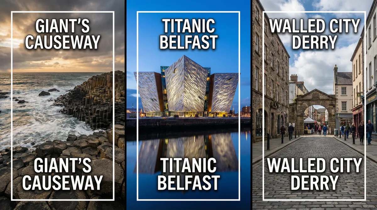 Montage of Giant's Causeway, Titanic Belfast, and Derry walls