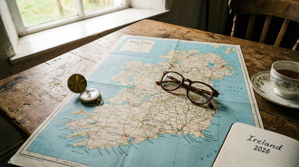 Map of Ireland with a compass and spectacles, symbolizing travel planning.