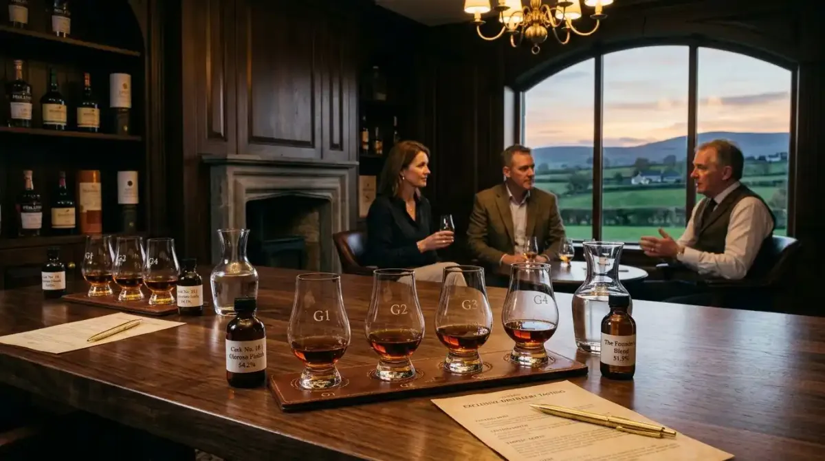 An exclusive premium whiskey tasting flight set up inside a luxury private tasting room.
