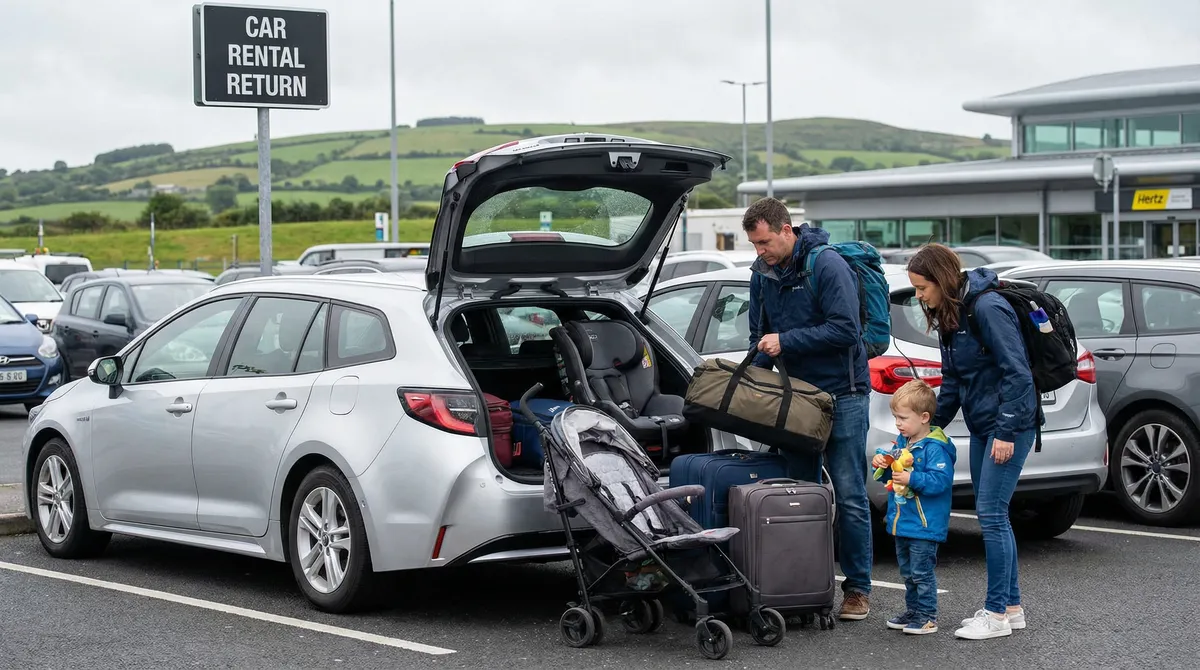 Family loading luggage and a child seat into a rental car at an Irish airport.