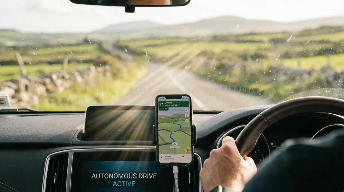 Smartphone displaying a navigation app on a car dashboard during an Irish road trip