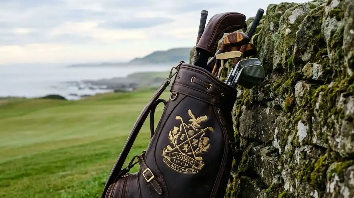 A high-end custom leather golf bag resting on a premium links golf course in Ireland.
