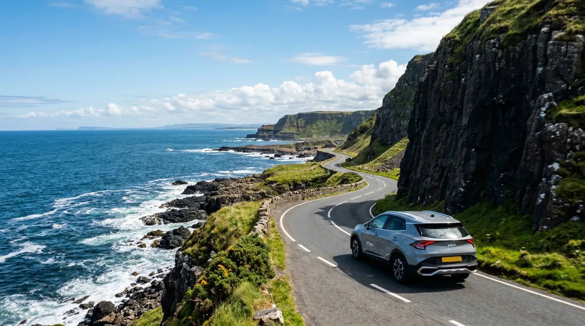 A modern SUV driving on a scenic coastal road in Northern Ireland.