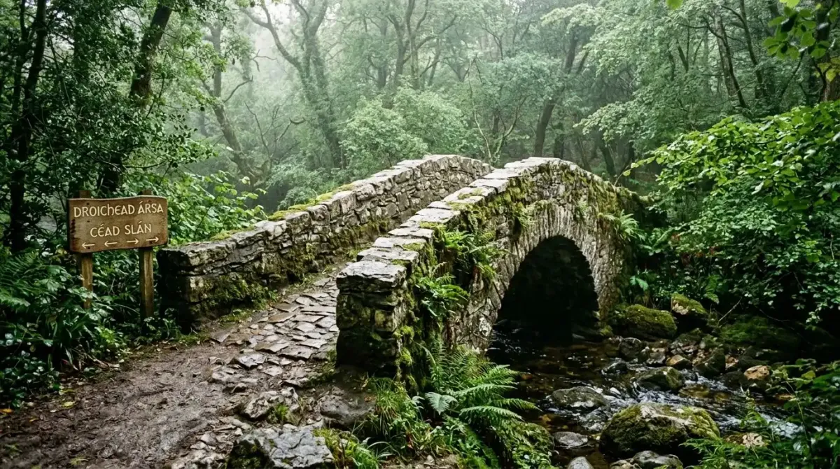 A narrow historic stone bridge on a rural Irish road, illustrating travel logistics.