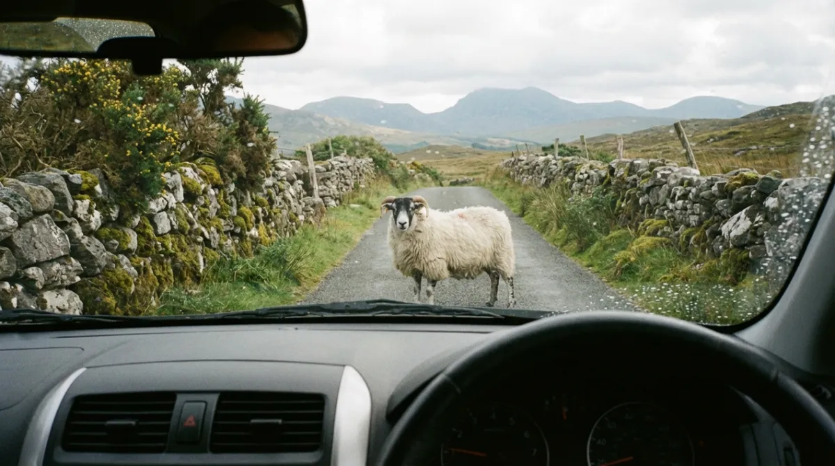 Sheep on a narrow road in Connemara, a common sight during an Irish road trip.