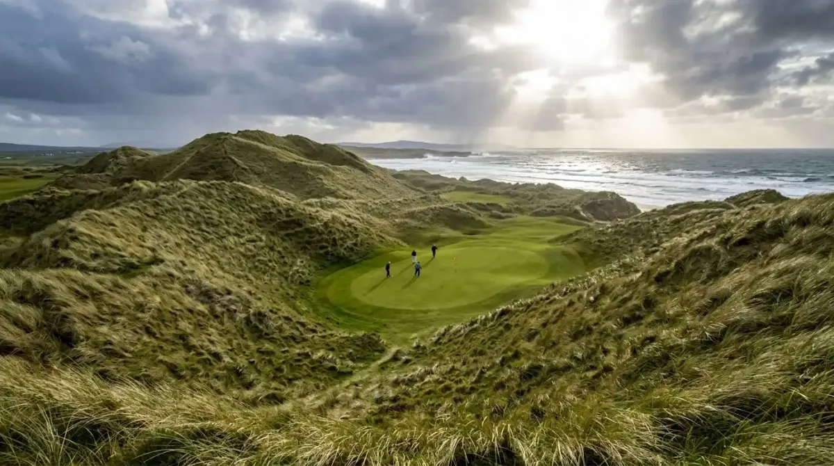 The untamed, massive sand dune fairways of Carne Golf Links overlooking the wild coast of Mayo, Ireland.