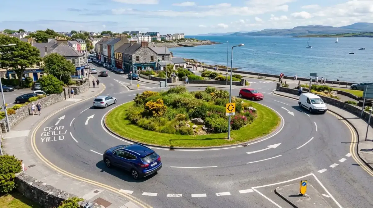 Overhead view of a roundabout in Ireland illustrating driving on the left-hand side.