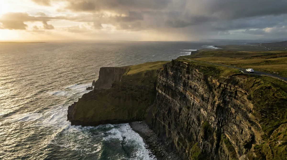 An aerial view of the majestic Cliffs of Moher on Ireland's west coast, with a tiny modern rental car visible on the scenic coastal road.